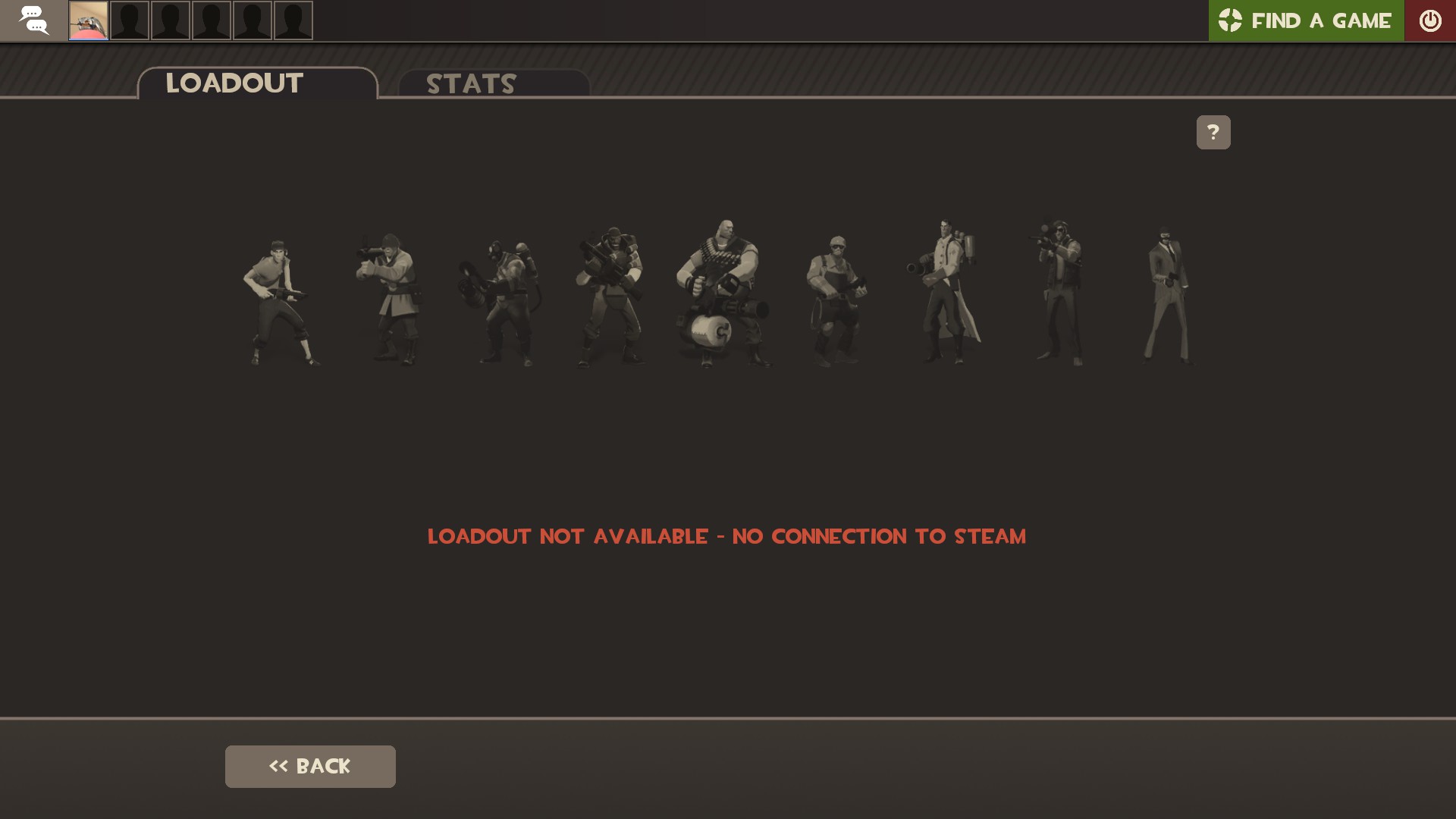 Loadout Not Available Due to No Connection To Steam. Only stock weapons available.